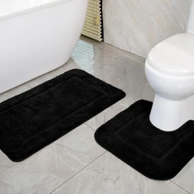 Image of SOANNY Black Bath Mat Set of 2, High Density Soft Microfiber Non Slip Bathroom Mats with Water Absorbent, 53 X 86 CM Bathtub Rug &amp; 50 Toilet Pedestal Mat, Shower Rugs Machine Washable