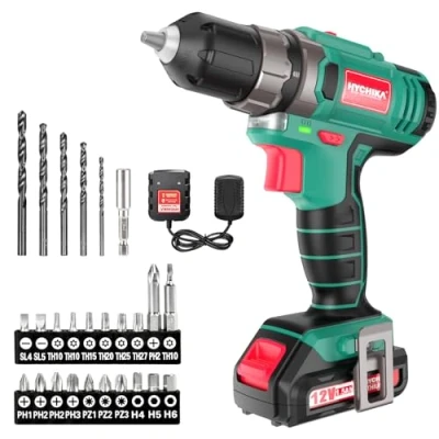 Image of HYCHIKA Cordless Drill Driver 12V, Electric Screwdriver 30N·m, 21+1 Torque Drill, 2 Variable Speed LED Work Light, 1500mAh Li Ion Battery 25Pcs Accessories for Home and Garden DIY Project