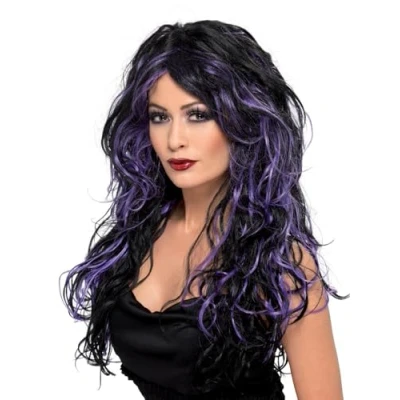 Image of Smiffys Gothic Bride Wig, Purple Long, Streaked, Halloween Fancy Dress Accessory, Up Wigs