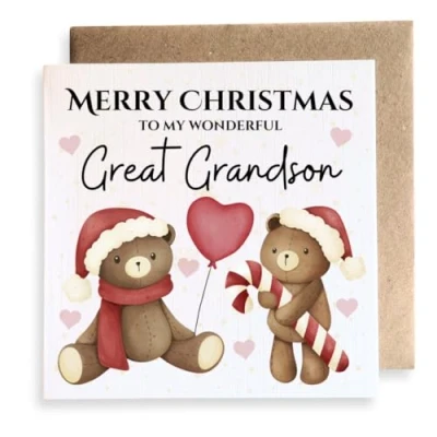 Image of Second Ave Great Grandson Cute Bears Square Card Christmas Xmas Holiday Festive Greetings