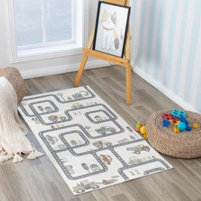 Image of Livabliss Road Track Washable Kids Rug Childrens for Bedroom 80x150 cm, Machine Girls &amp; Boys Rug, Playroom Nursery Rugs Girl or Boy Room Baby Carpet, Cream