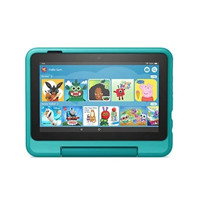 Image of Kid Friendly Case for Fire 7 tablet Only compatible with 12th generation (2022 release), ages 6+, Hello Teal