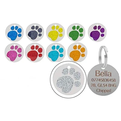 Image of JK Personalised Engraved Round Glitter Paw Print Dog/Cat Pet ID Tag Small/Large (25mm Standard, Silver)