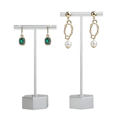Image of GemeShou Metal 2pcs Earring T Stand Silver Retail Display Holder for Show, White Bar Jewelry Online Store Photography 【Silver Hexagon Base Height 11.5cm and 13.5cm】