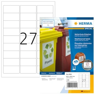 Image of HERMA Self Adhesive Inkjet Labels, 27 Labels per A4 Sheet, 40 Sheets, 63.5 x 29.6 mm, 1080 Blank Weatherproof Film Stickers, Sticky for Printer, White