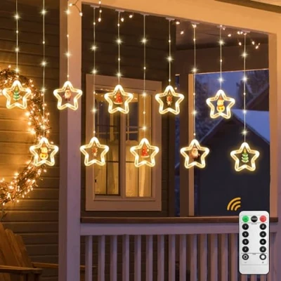 Image of Jsdoin LED Stars Curtain Lights 3.5M*3.5M Christmas Window String Fairy 3D Twinkle with USB+Battery Powered and 8 Flashing Modes for Indoor Xmas Party Decoration