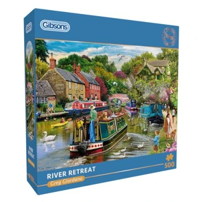 Image of Gibsons River Retreat 500 Piece Jigsaw Puzzle Beautiful Colourful Artwork Canal Boats Nostalgic Sustainable for Adults Teens Premium 100% Recycled Board Great Gift Games