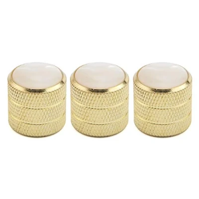 Image of Unxuey Guitar Metal Volume Tone Dome Knobs, 6mm Knurling Shaft Speed Pots Cap Control Knobs with Pearl White Top Gold for Tele, LP, EPI, ST, SQ Style Pack of 3