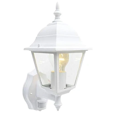 Image of Traditional 4 Sided Garden/Porch Outdoor Coach Wall Lantern IP44 (White + Motion Sensor (no Bulb))