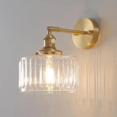Image of Wall Sconce, Light Bathroom fixtures Glass Mount with Clear Stripe Shade Mid Century Modern Sconces Swing arm Lighting Gold Brass for Ov