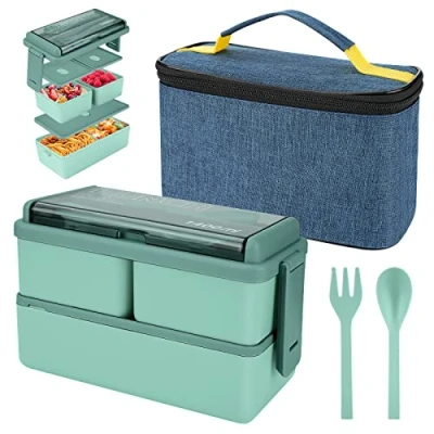Image of 1400ml Lunch Box with 3 Compartments 2 Layer Leak Proof Bento Insulated Bag and Cutlery, Meal Prep Container for Adults Kids Students Office Microwave Dishwasher Safe Available (Green)