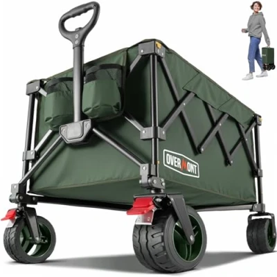 Image of Overmont Folding Festival Trolley 330LBS/150kg Large Capacity Camping Wagon for Beach Garden Picnic Shopping, Heavy Duty Cart with Adjustable Handle &amp; All Terrain Wheels and Brake, Green