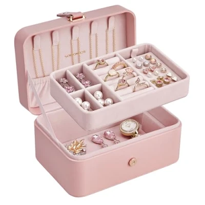 Image of SONGMICS Jewelry Box, Travel Case, 2 Layer Holder Organizer, Portable Versatile Earring Storage, for Larger Accessories, Chirstmas Gifts Women and Girls, Jelly Pink UJBC166R01
