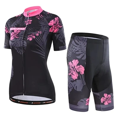 Image of Women&#039;s Short Sleeve Breathable Cycling Jersey Set, Quick Dry Biking Shirt with 4D Cushion Shorts Padded Pants, S, Azalea