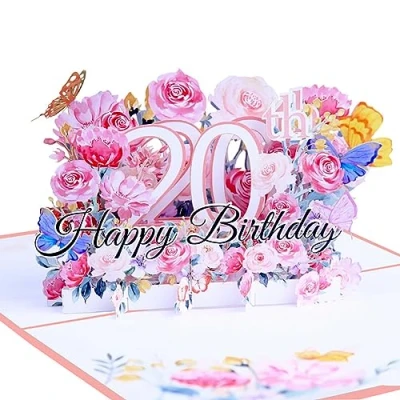 Image of Happy 20th Birthday Card, 3D Flower Pop Up Greeting Cards, Cards with Envelope and Note Anniversary Card,Birthday Gift for Women Men
