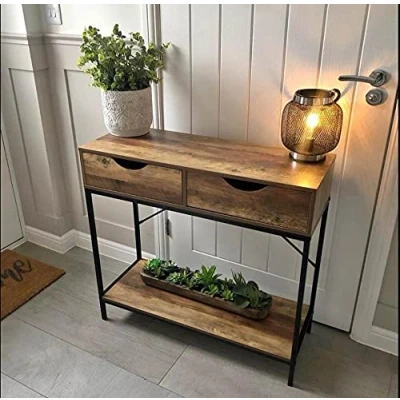 Image of 2 Drawer Console Table Black Metal Frame &amp; Wooden Drawers and Shelf Furniture