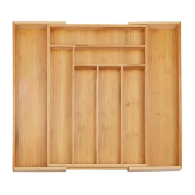 Image of Relaxdays Cutlery Tray, Extendable, 8 Compartments, 5 x 32.5 52 45.5 cm, Kitchen Drawer Insert, Bamboo, Natural, Wood 10% fibreboard