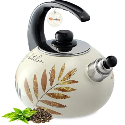 Image of KADAX Water Kettle, Stainless Steel 2.2L Flute Kettle for Induction and Gas Cooker, Tea Enamel Retro with Whistle (Leaves)