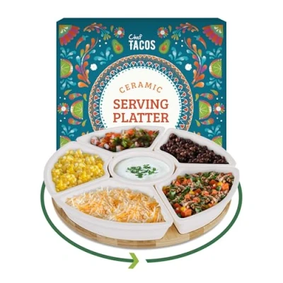 Image of Chef Tacos Ceramic Taco Serving Platter Divided Tray for Tuesday Lazy Susan Bar Chip and Dip Set Party Appetizer Salsa, Snacks 26 cm