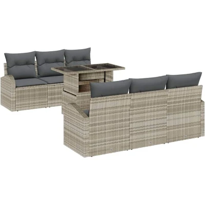 Image of vidaXL 7 Piece Garden Sofa Set with Cushions Light Grey Poly Rattan