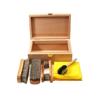 Image of Premium Beech Wood Shoe Valet Box Care Kit (no polish) Horsehair Brushes