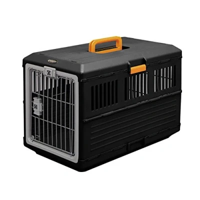 Image of Iris Ohyama, Dog crate/Cage, Transport Box for Dogs, Cats, 2 Doors, Clips, and Safety Latch, Plastic (PP) BPA Free, L68.6 x W40.3 H47.8 cm, Train, Car Airplane , FC 670, Black