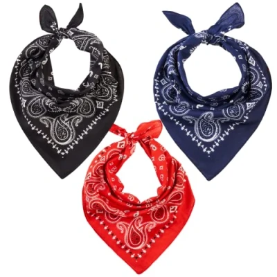 Image of Bandana for Men &amp; Women Black, Red And Blue Set of 3 Bandanas Headband Cotton Paisley Scarf Hair Pirate Novelty Head Headwear Neckwear