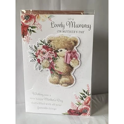 Image of To A Lovely Mummy On Mother&#039;s Day Mothers Card Teddy/Pink Flowers+Present/Silver Words 3D/Glitter/Foil Detail(PRELUDE47684)
