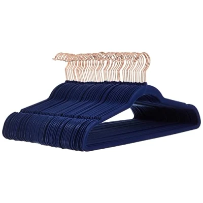 Image of Amazon Basics Slim, Velvet Non Slip Suit Clothes Hangers, 50 Pack, Navy Blue/Rose Gold