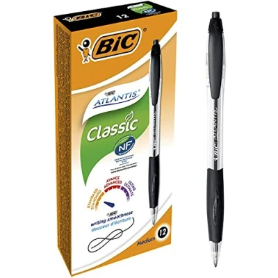 Image of BIC Atlantis Clic Ball Pen Black Box of 12 Medium Point Office Pens (1.0 mm) Retractable with Cushioned Grip