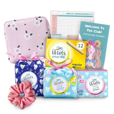 Image of First Period Kit for Girls Emergency Bag with Sanitary Pad Storage Bag, Teen Towels, Lil lets Teens Liners, Tampax, Hair Scrunchie, Info Booklet and Tracker