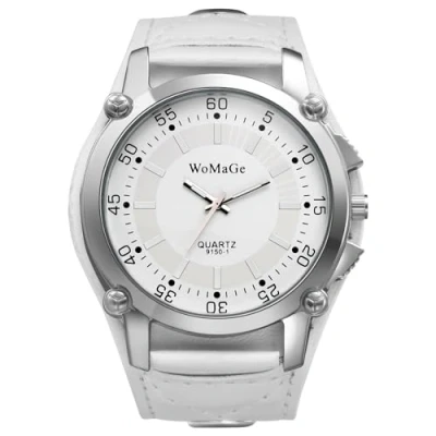 Image of JewelryWe Men Steampunk Cuff Watch: Big Dial White Wide Leather Strap Analog Quartz Wrist Watch Rock Biker Halloween