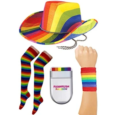 Image of labreeze Adults Rainbow Cowboy Hat Bow Tie Fan Brush Socks Wristband Gay Pride Costume