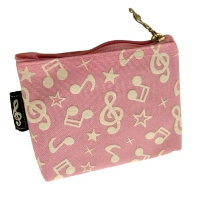 Image of Music Themed Mini Coin Pouch Zipper Bag Pink Embossed White Musical Note Design