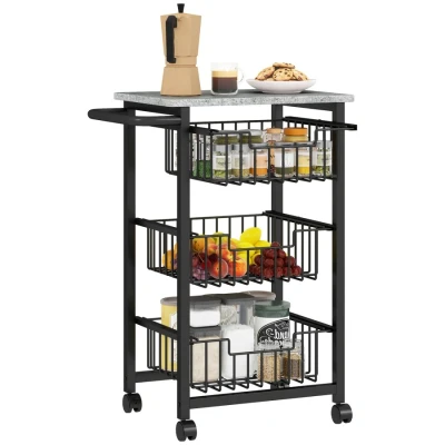 Image of HOMCOM 3 Tier Kitchen Island on Wheels, Rolling Storage Trolley with Pull Out Mesh Baskets, Mobile Utility Serving Cart, Light Grey