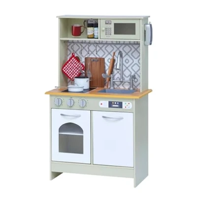 Image of Teamson Kids Little Chef Boston Modern Farmhouse Wooden Kitchen Playset with Interactive Features &amp; 9 Play Cooking Accessories, Light Green/White TD 12679D