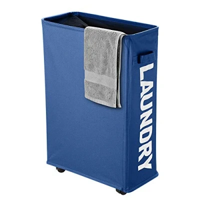Image of IHOMAGIC Slim Rolling Laundry Basket with wheel, Thin Dirty Clothes Sorter Organizer Collapsible Storage Hamper Bin For Bedroom, Room, 15.3x 7.3x 22.8IN, 41L, Navy Blue