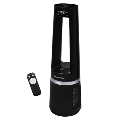 Image of Russell Hobbs Quiet Bladeless Tower Fan &amp; Heater with Remote Control, Touch 85cm Tall, 12 Speed Settings, Hour Adjustable Timer, Oscillating 2kW, Black, 2 Year Guarantee RHBLDL25B