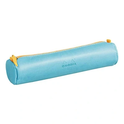 Image of RHODIA 318897C Rhodiarama Turquoise Round Pencil Case 21.5 x 5.5 cm Genuine Orange Stitching Ivory Jersey Interior Faux Leather Storage for Pens, Pencils, Markers, Small Supplies