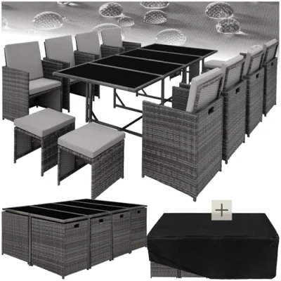 Image of TecTake Polyrattan Garden Furniture Set, Including 8 Dining Chairs, 1 Table, 4 Stools, Foldable Lounge For Up To 12 People, Patio Furniture, Protective Cover grey/light grey