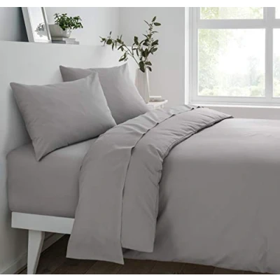 Image of Sleepdown Fitted Sheet Super Soft Cosy Easy Care Polycotton Bed Linen Luxury Bedding Bedsheet Deep Non Iron Grey Double, 25 cm