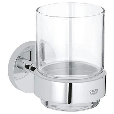 Image of GROHE Start QuickFix Crystal Glass with Holder (Metal and Glass, Concealed Fastening, Including Screws Dowels, Extra Easy to Fit QuickGlue), Size 106 x 99 mm, Chrome, 41194000