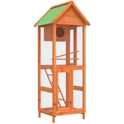 Image of vidaXL Large Outdoor Bird House Solid Pine Wood Construction with Nesting Box, Ladder, Perches, and Wire Mesh Water Resistant Roof, Brown, 60x58.5x160 cm