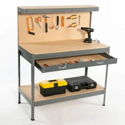 Image of SwitZer New Grey Steel Garage Tool Box Toolbox Work Bench Workbench Storage With Drawers Pegboard and 12 Pegs Shelf DIY Workshop Station