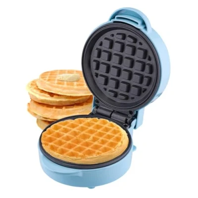 Image of Global Gourmet Mini Waffle Maker Machine Blue Non Stick Coating Recipes Included Fun Snack Compact Size Indicator Light Cool Touch 550W