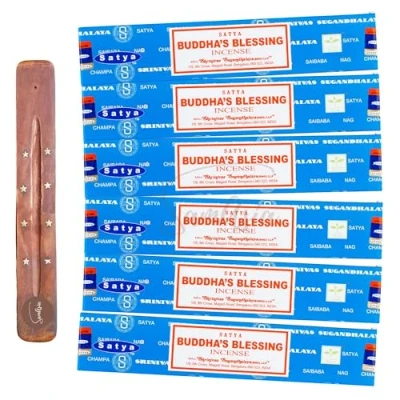 Image of Satya Nag Champa Buddhas Blessings incense sticks x6 pack with SAMASIA holder Used for Aromatherapy, Spa, Yoga, Weddings, Meditation, Healing, Positivity and Relaxation