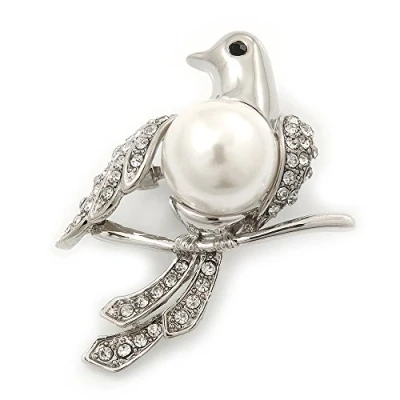 Image of Avalaya Diamante &#039;Dove&#039; Brooch in Rhodium Plated Metal 4.5cm Length