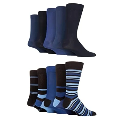 Image of SockShop Mens Plain, Striped and Patterned Bamboo Socks Pack of 10 Blues Plain/Midnight 7 11
