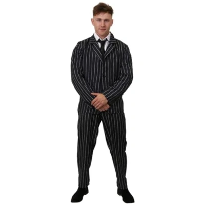 Image of Mens Halloween Costume X Large Black Pinstripe Suit &amp; Trousers, Spiv Tash and Fake Cigar Adults Fancy Dress