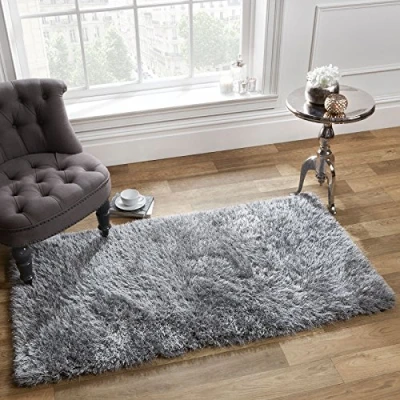Image of Sienna Large 120 x 170 cm Shaggy Floor Rug Plain Soft 5cm Thick Area Mat Non Shed Pile Silver Grey